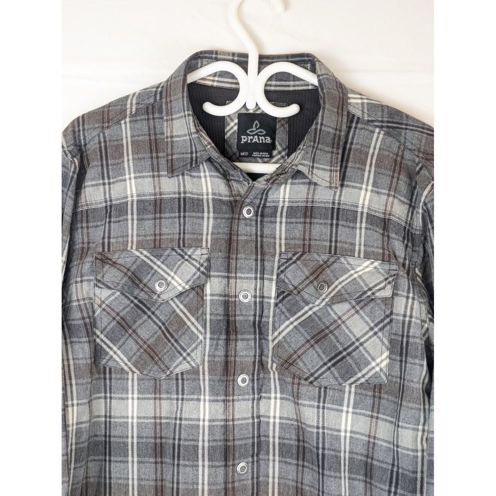 prana Men's M Organic Cotton Flannel‎ Shirt Gray Brown Plaid Long Sleeve Button